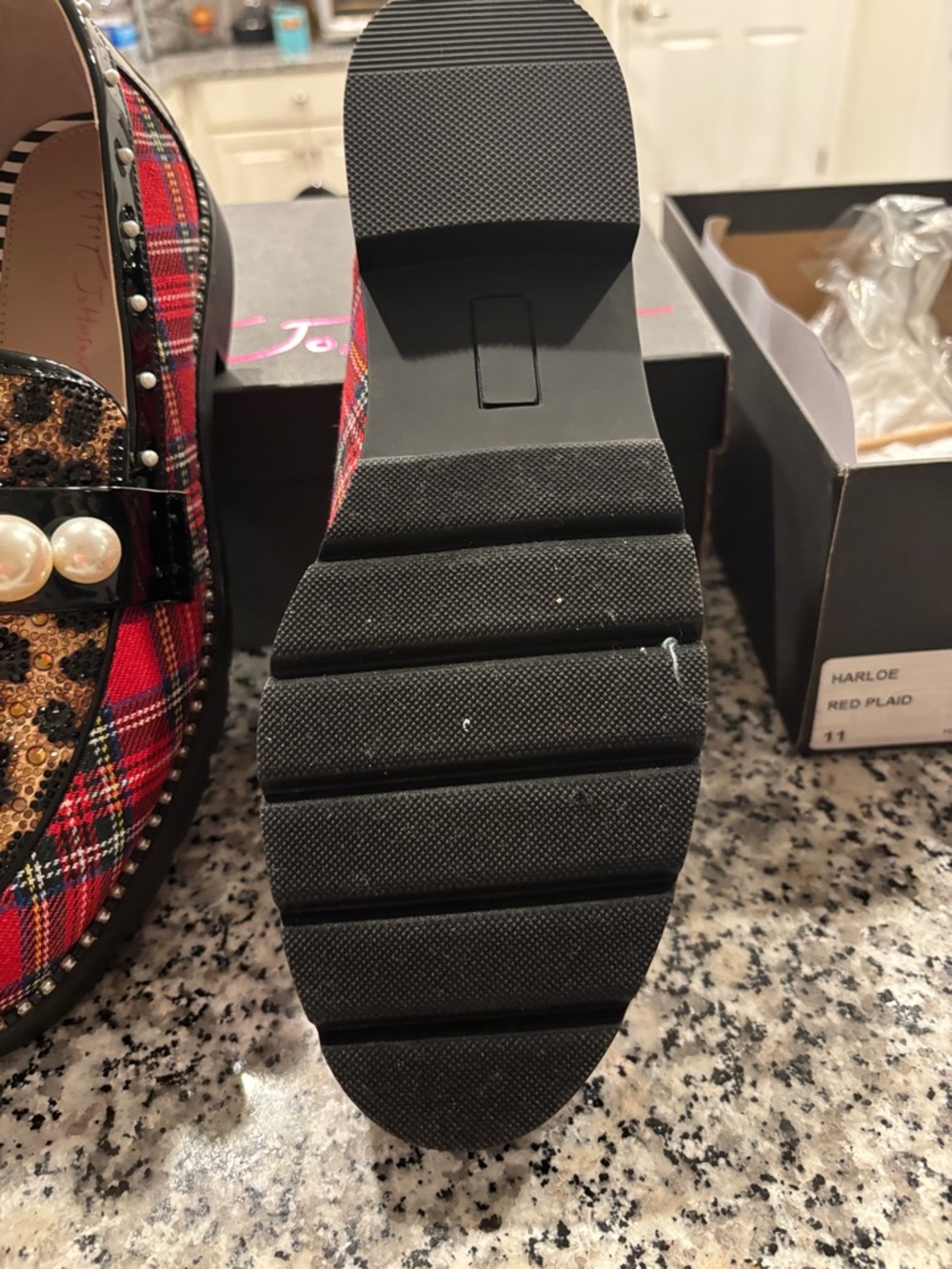 Betsey Johnson Red Plaid & Leopard Pearl-Embellished Loafer - Picture 3 of 5